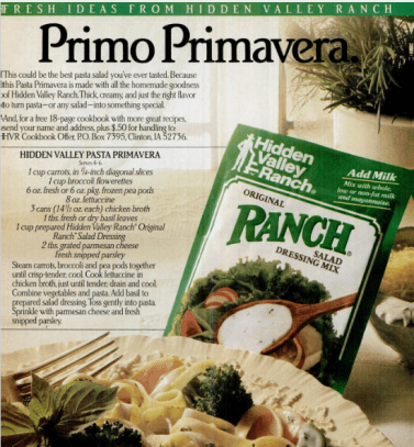 Hidden Valley Ranch Primavera Recipe Working Mother 1987